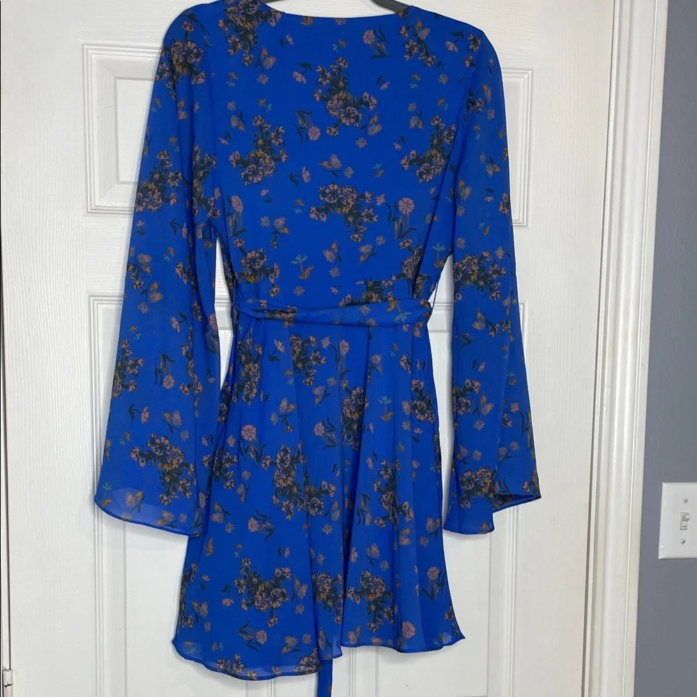 Free People Lilou Cobalt Blue Floral Wrap Dress with Bell Sleeves EUC Medium
